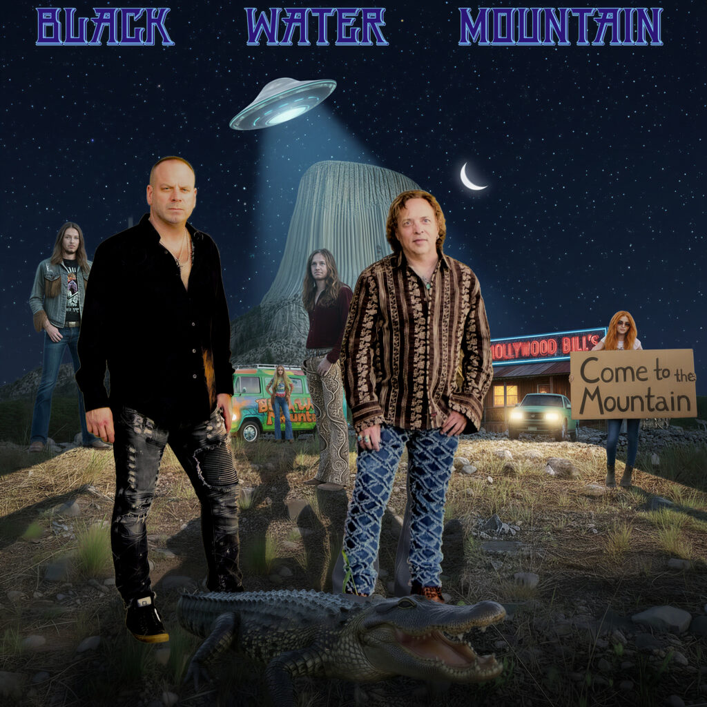 Band standing under UFO, mountain and alligator