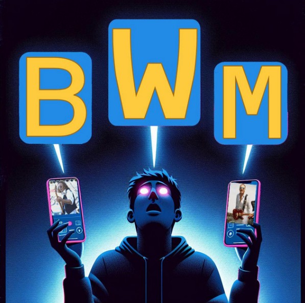 Silhouetted person balancing two glowing phones