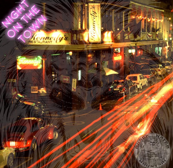 Neon-lit street with car light trails